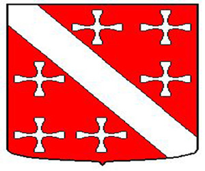 Het wapenschild van Assebroek, in rood en witte kleur. Het wapenschild bestaat uit een schuine witte band en zes witte kruisen. De achtergrond van het wapenschild is van rode kleur.