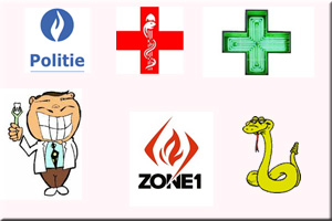 De logo's van de verschillende hulpdiensten worden afgebeeld. Via de knop ontdek hier bekom je alle nuttige kontackgegevens.